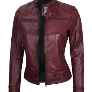 Dodge Women's Burgundy Cafe Racer Leather Jacket