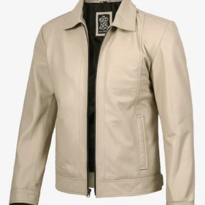 Men's Beige Real Leather Harrington Jacket