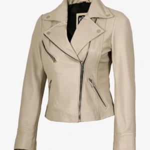 Ninfa Women's Beige Biker Real Leather Jacket