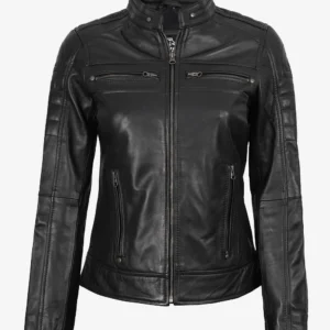 Women's Black Cafe Racer Leather Jacket - Best Seller