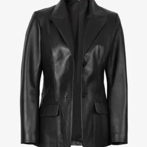 Women's Two Button Black Leather Blazer Jacket