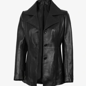 Women's Black Real Leather Blazer with Three Buttons