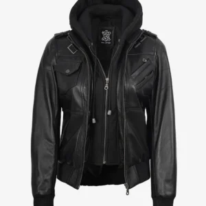 Edinburgh Women's Bomber Black Leather Jacket with Removable Hood