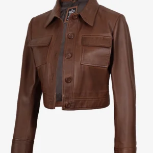 Freddie Women’s Cognac Brown Cropped Shirt Collar Leather Jacket