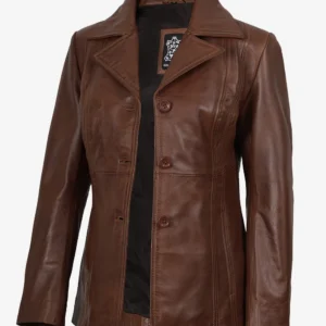 Women Cognac Brown Wax Three Button Leather Blazer