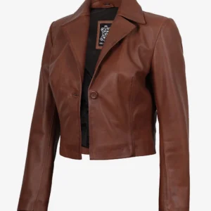 Women's Cognac Brown Single Button Cropped Leather Jacket