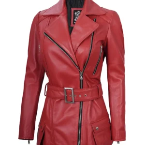Women's Asymmetrical Red Belted Leather Jacket