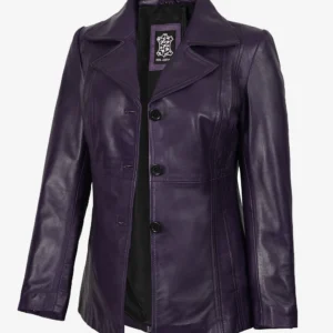 Women's Three Button Real Leather Purple Blazer