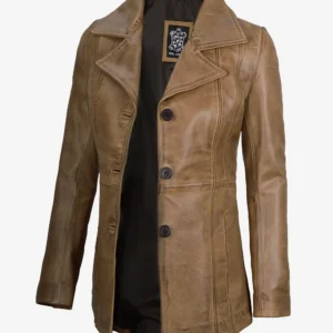 Women's Three Button Camel Brown Coat — Real Leather Blazer