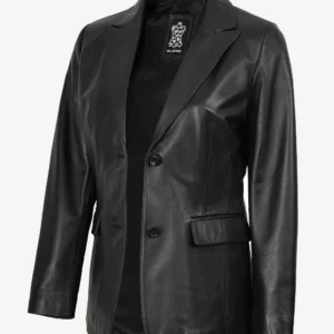 Hazel Women's Two Button Black Real Leather Blazer