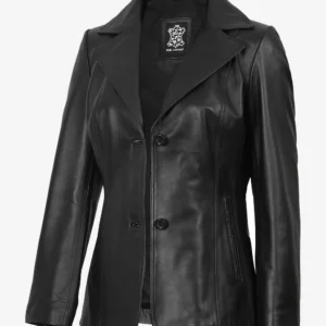 Women's Black Two Button Leather Blazer Jacket